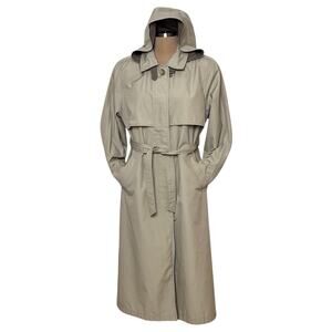 British Mist Trench Coat Womens 12 Beige Pockets Belt Hood Business Casual Vtg